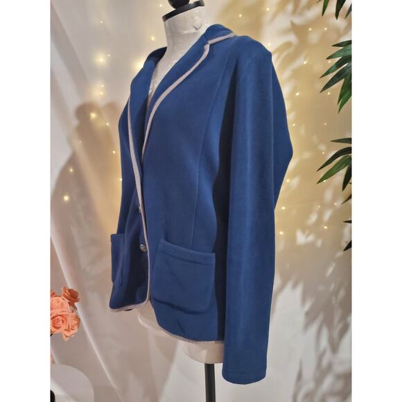 Lands End Nautical Fleece Blazer Jacket Womens Size M 10-12 Blue Anchor Buttons - Picture 2 of 10
